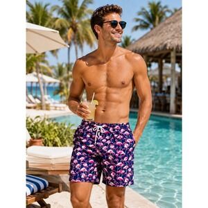 Trunks Surf & Swim Co Men's M Flamingo Swim Trunks Navy Pink Lined 6.5"